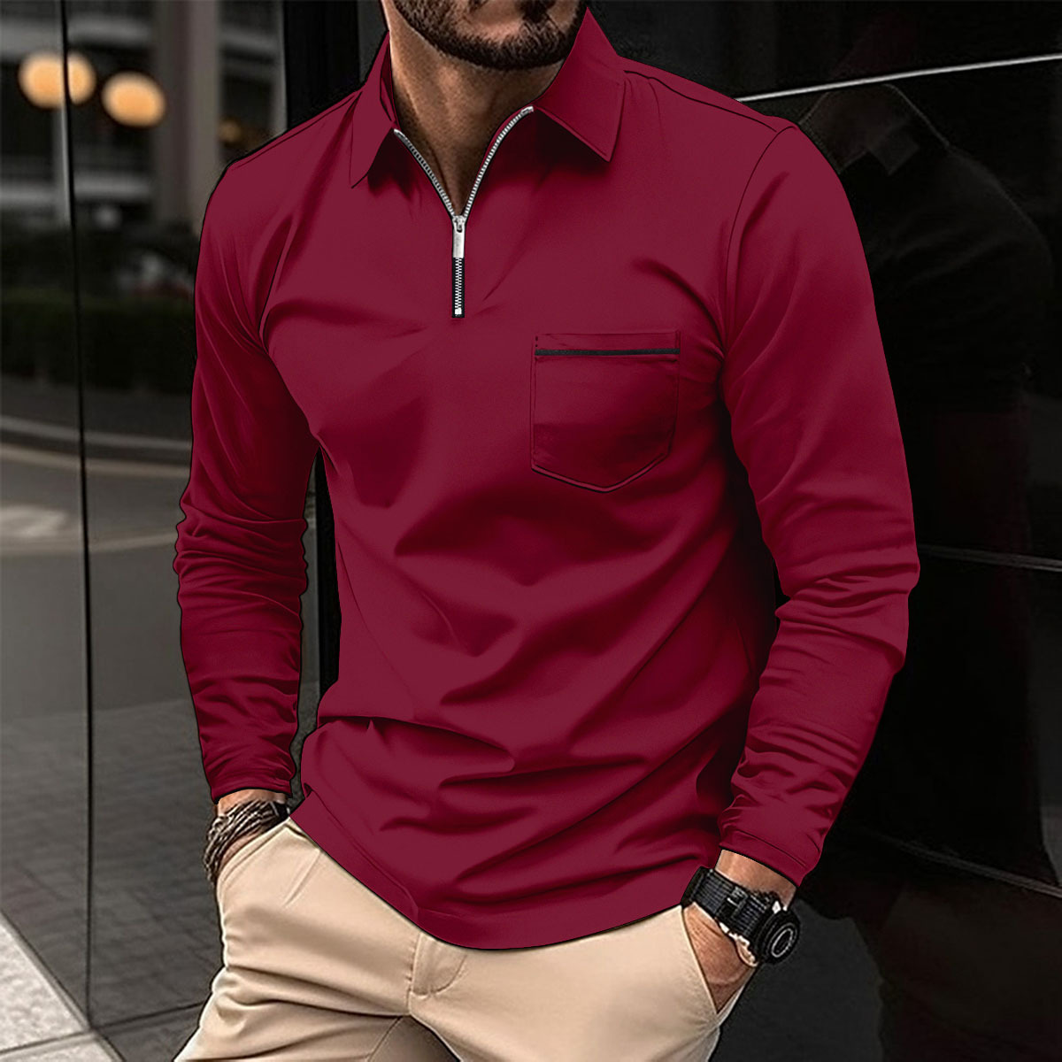 Mireo | Men’s Long Sleeve Zip Polo Shirt