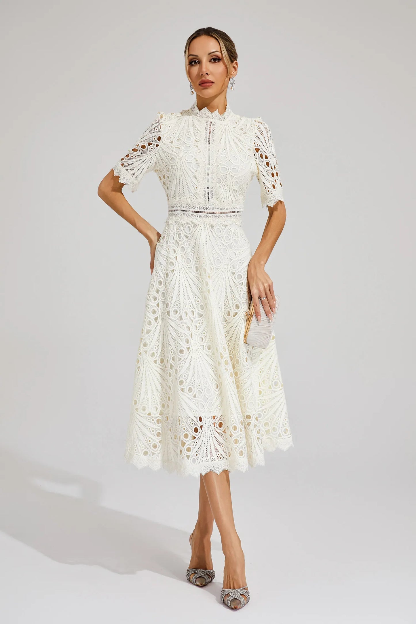 Elvessa | Women’s Lace High Neck Midi Dress